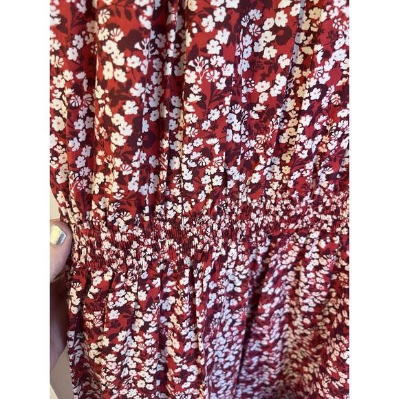 Apiece Apart Red Floral Midi Dress Organic Cotton Pockets Cut Out Back. SZ LG - Picture 5 of 10